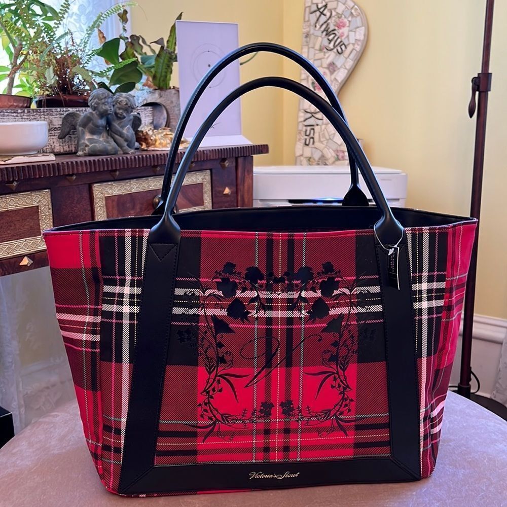 NWT Victorias Secret Red Black Novacheck Large Tote Bag